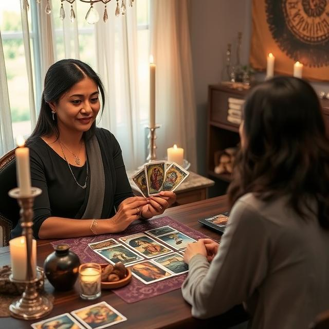 Experienced tarot reader Sunitaa Chopdaa conducting a tarot session in a mystical setting.