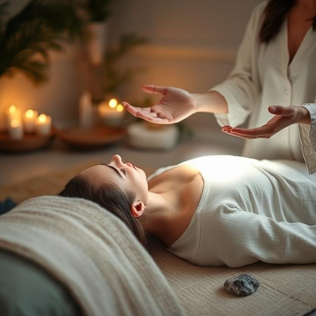 A healer performing a customized energy healing session in a peaceful environment.