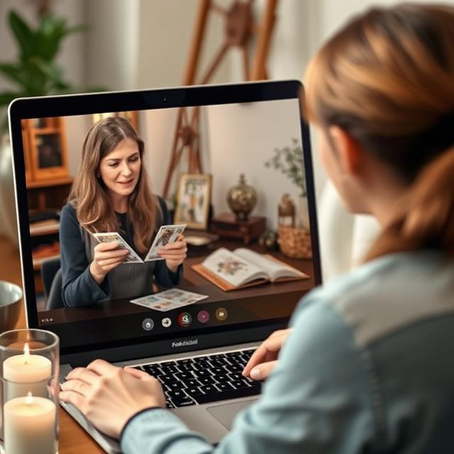 A tarot reader conducting an online session with a client over a video call.