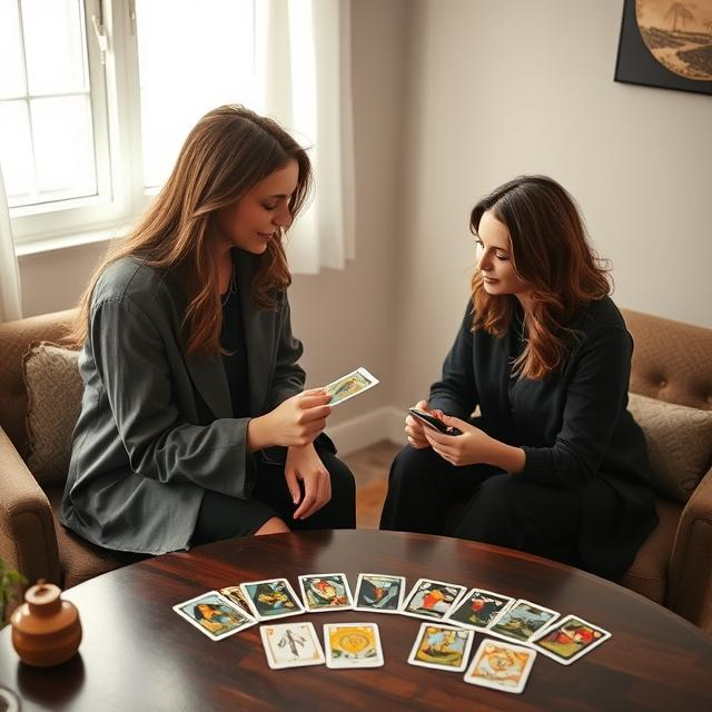 A tarot reader providing a customized tarot reading to a client in a serene setting.