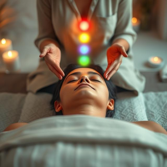 A healer performing chakra balancing with energy flowing through the seven chakras.