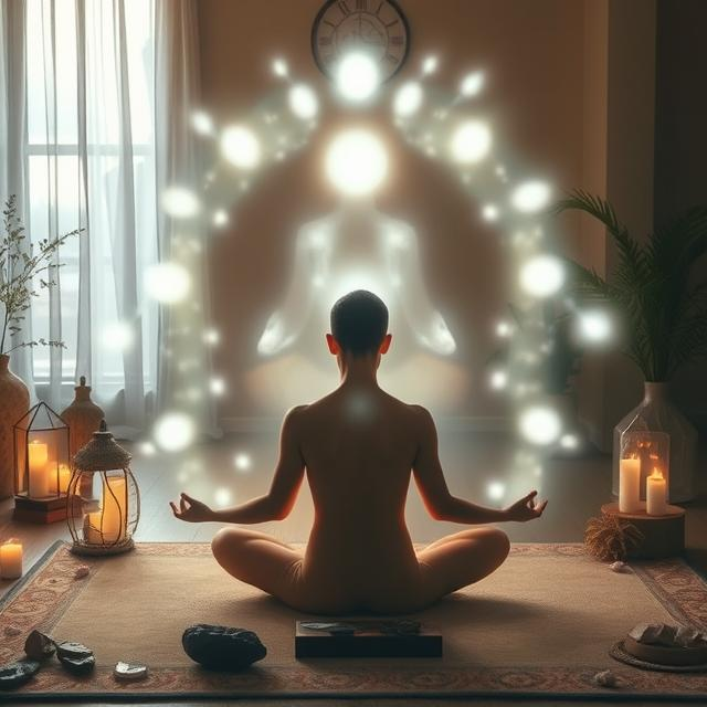 A healer channeling glowing white energy to cleanse and uplift an individual’s aura.