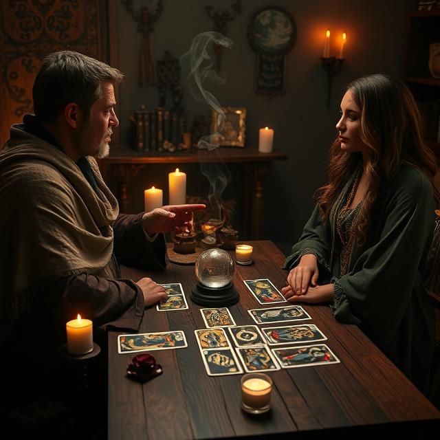 A tarot reader guiding a client through an in-person reading with tarot cards spread on a wooden table