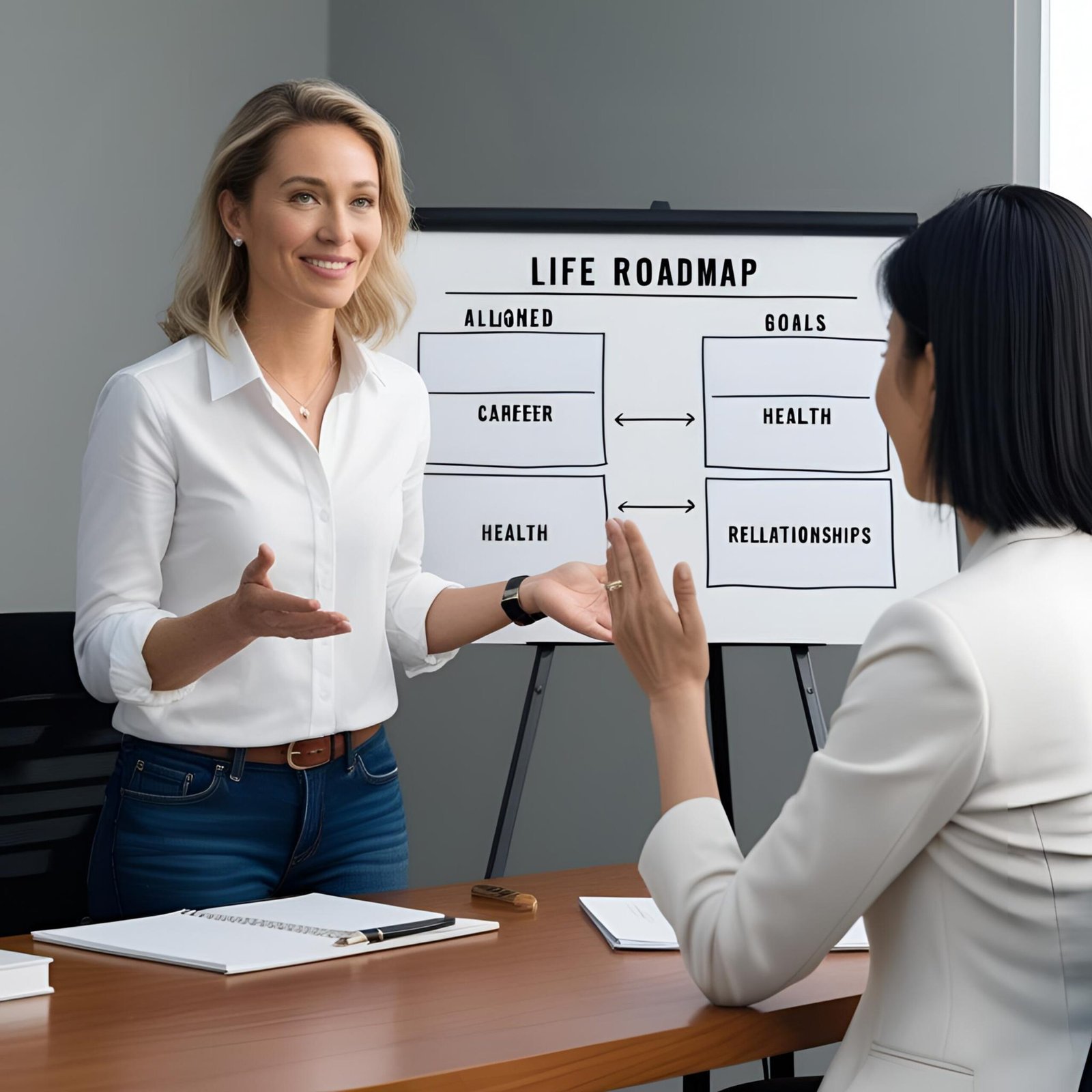 Professional aligning goals on a roadmap in a strategy session.