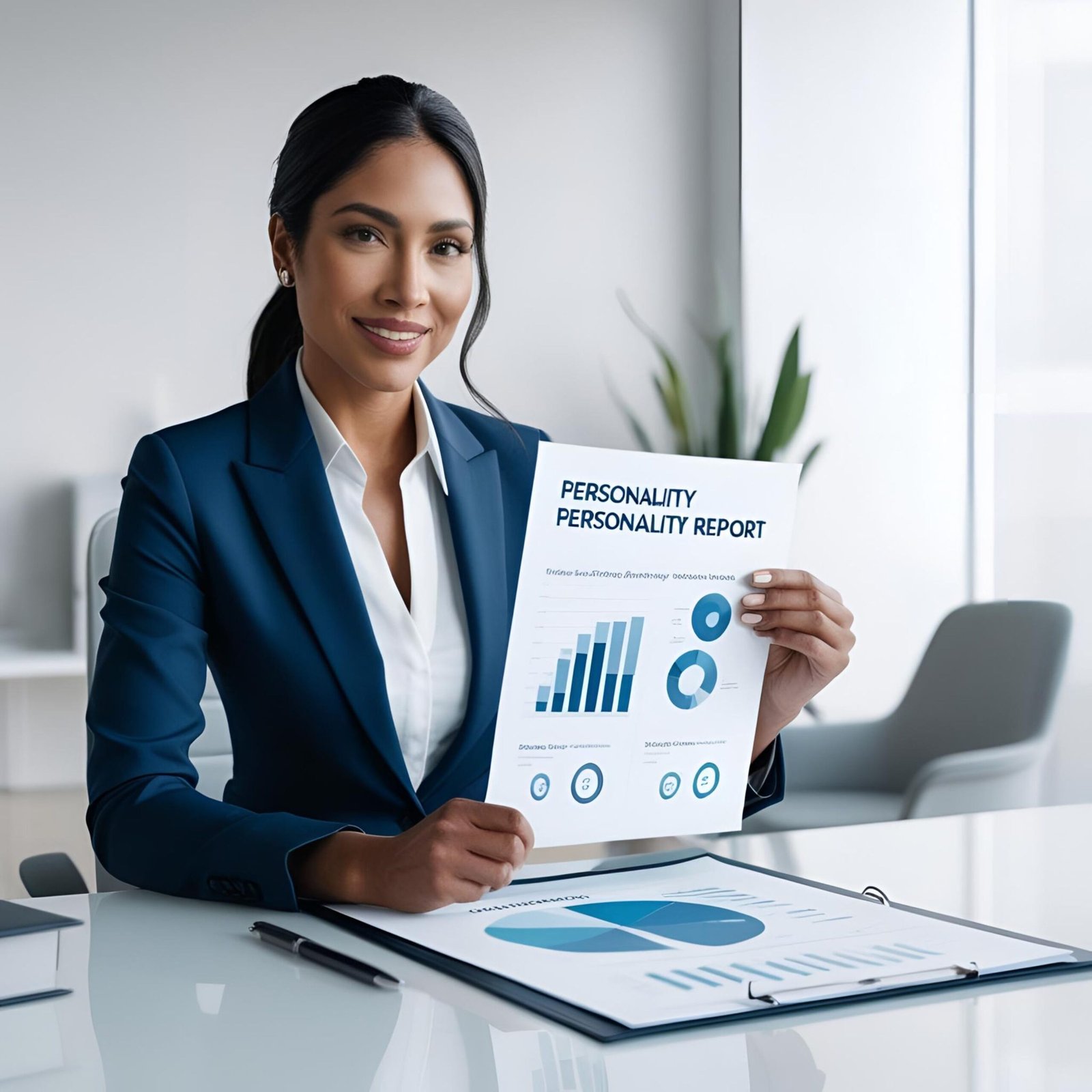 Professional reviewing personality insights at a desk.
