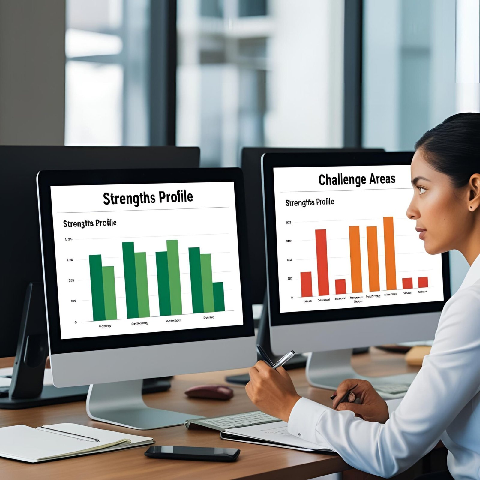 Professional reviewing strengths and challenges report.